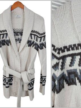 Bass Y2K Wool Sweater Cowichan Cardigan Large Aztec Southwest Belt Vintage